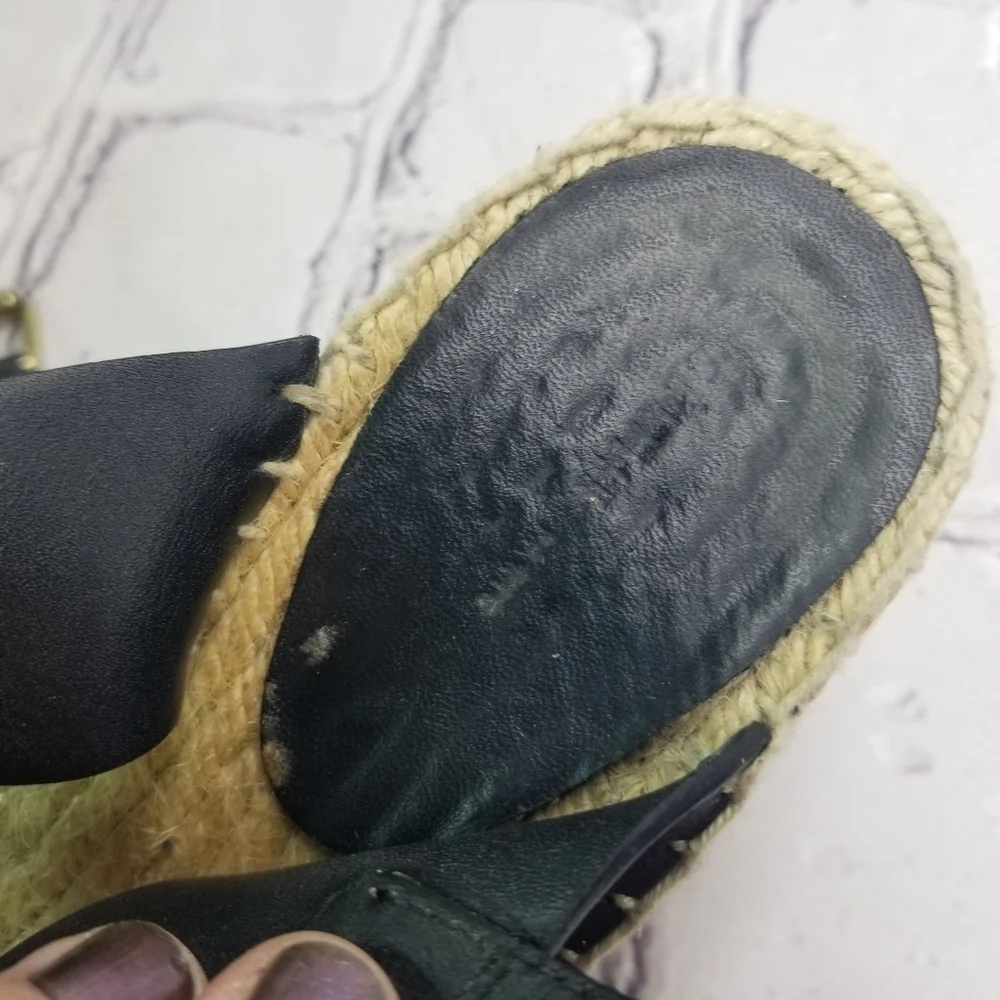 Celine black leather double strap wedge espadrille sandals